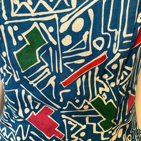 90s Vintage Blue Black Crazy Print Strapless Mini Dress with Tiered Ruffle Skirt - Picture 5 of 5